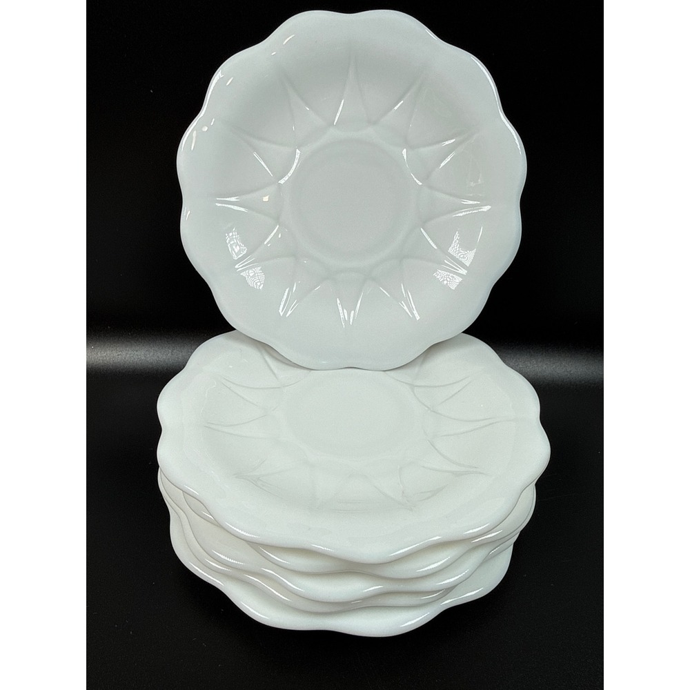 Hazel-Atlas Newport Hairpin Milk Glass Saucers White Scalloped Vintage Set of 6